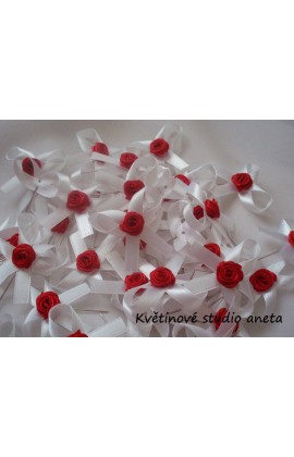 Vývazek, svatební mašlička na myrtu bílá s růžičkou červenou